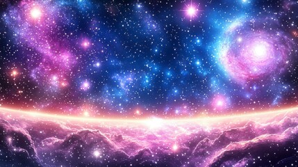 Wall Mural - A dreamy cosmic scene of vibrant nebulas and distant galaxies. Abstract space design filled with glowing stars and swirling clouds of interstellar dust.