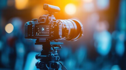 Leinwandbilder - A television studio setup shows a camera capturing an interview, demonstrating advanced media techniques in a professional environment. Generative AI