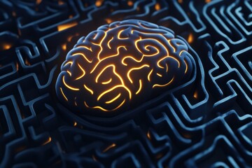 Aufkleber - A human brain is creatively designed as a labyrinth, featuring intricate pathways illuminated with soft light against a dark background. Generative AI