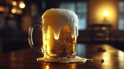 Wall Mural - Cold beer A close-up view of steamed mug with foam overflowing in a bar on wooden table a desk 