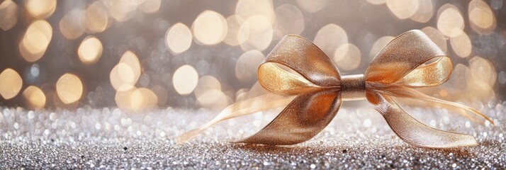 Poster - A golden ribbon bow sits on a glittering surface, creating a festive atmosphere perfect for New Year celebrations and elegant decorations. Generative AI
