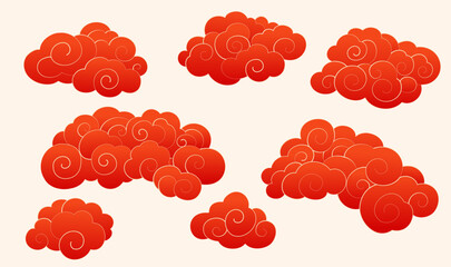 A collection of red Chinese moire material on a light background