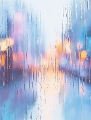 Leinwandbilder - Raindrops cling to the window, blurring the view of an empty street illuminated by soft lights, creating a serene atmosphere. Generative AI