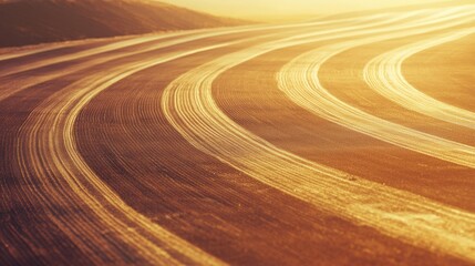 Poster - A beautiful curved running track extends into the horizon, captured during sunset, featuring clear lanes and warm golden tones. Generative AI