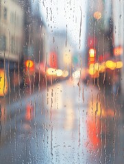 Poster - Raindrops cascade down a window, obscuring the view of an empty street and colorful city lights during a quiet rainy day. Generative AI