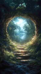Wall Mural - a mystical forest scene with a glowing pathway leading through an archway of trees.