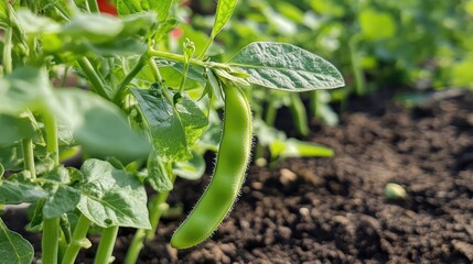 Broad bean seedling growing in a vibrant garden against a rich soil backdrop showcasing healthy plant development and agricultural potential