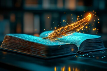 Poster - A magical editor quill glowing with golden light as it corrects a floating scroll, surrounded by books that rearrange themselves in mid-air