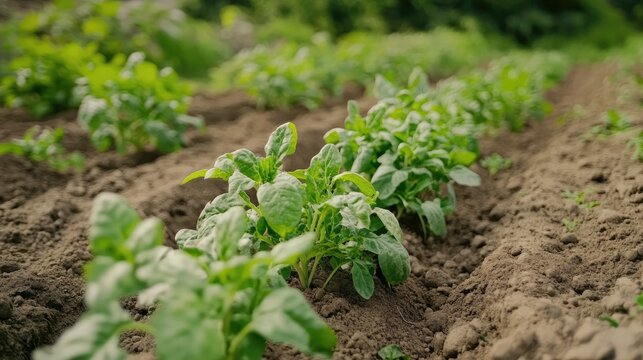 Potato plants growing in fertile soil of an agricultural field showcasing green sprouts and healthy growth in furrows