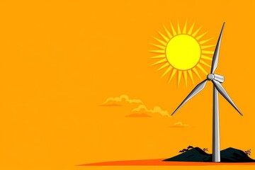 Poster - A simple design of a wind turbine with a sun behind it, using muted earth tones and bold, clean lines