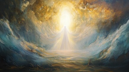 glowing figure emerges from celestial cloudscape.