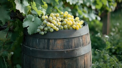 Fresh green bunch of white grapes resting on a rustic wooden barrel, surrounded by lush vineyard foliage, showcasing harvest season, wine production, agriculture, natural setting.