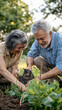 © Level UP - Blooming Bonds: Elderly Couple Gardening with Scottish Fold Cat Harmony of Affection, Nature, and Calmness