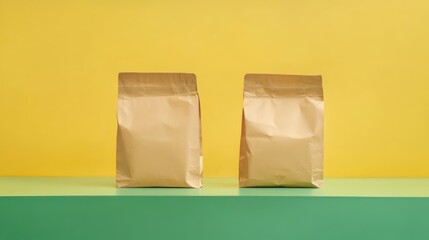 Wall Mural - Two paper bags filled with vegetables on a green countertop against a bright yellow background with space for product display.