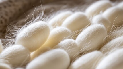 close-up of pristine white silkworm cocoons with fine strands, highlighting their smooth texture and