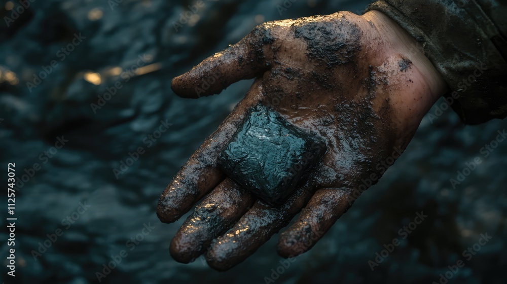 Wet manganese ore in a dirty hand against a rocky background, highlighting the texture and color of the ore, mining industry, production of ferromanganese, stainless steel, batteries.