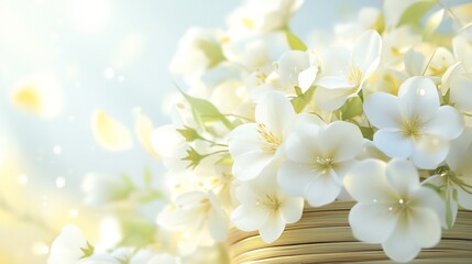 Poster - Delicate white flowers in a basket, bathed in sunlight, with falling petals.