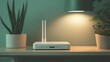 © MetaPixel - Modern wifi router on a wooden table in a softly lit room, surrounded by decorative potted plants and a stylish lamp, technology, home office, connectivity, warm ambiance.