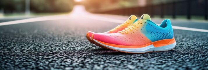 Poster - A pair of colorful running shoes rests on the asphalt track, illuminated by warm sunset tones, inviting an evening run or workout. Generative AI