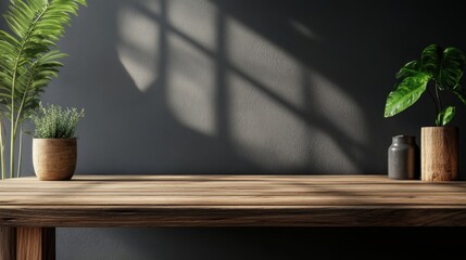 Wall Mural - modern wooden table in stylish home interior, featuring green plant decor and empty space for produc