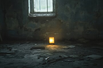 Leinwandbilder - A solitary light source casts a warm glow in a dark, empty room, evoking feelings of abandonment and providing blank space for text. Generative AI