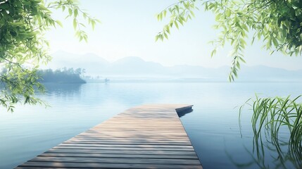 Canvas Print - Serene wooden dock extending into tranquil lake with misty mountains in the background, framed by lush greenery.