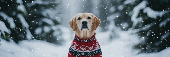 Poster - A cheerful dog is sitting in a snowy environment, wearing a vibrant winter sweater as snowflakes fall gently around. Generative AI