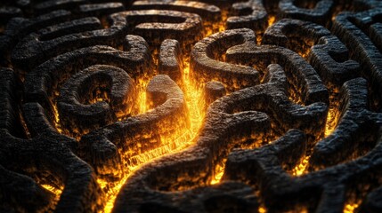 Fototapete - Intricate labyrinth structure shaped like a human brain, featuring glowing elements and ample space for adding text or information. Generative AI