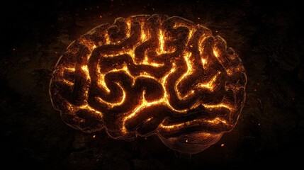 Fototapete - A creatively designed brain appears as a labyrinth with glowing pathways, symbolizing complex thought processes and creativity. Generative AI