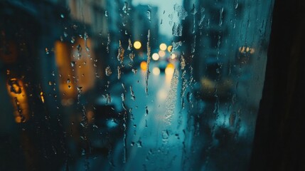 Aufkleber - Raindrops cling to a window while an empty street is visible, softly illuminated by streetlights in the background during twilight. Generative AI