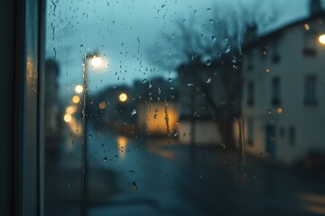 Poster - Raindrops bead on the window, revealing an empty street lit by soft streetlights during a tranquil evening rain. Generative AI
