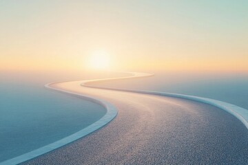 Aufkleber - A winding running track leads into the horizon, illuminated by the soft light of sunrise, creating a tranquil and inviting atmosphere. Generative AI