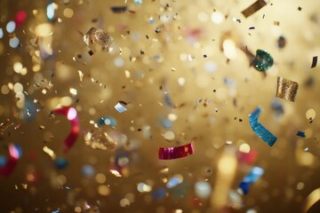 Poster - Colorful confetti and curling ribbons cascade over a shimmering golden backdrop, enhancing the celebration of New Year's festivities and joy. Generative AI