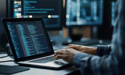 a person typing on a laptop displaying code, surrounded by multiple screens with data, suggesting a 