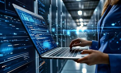 a person using a laptop in a data center, surrounded by glowing digital elements, symbolizing techno