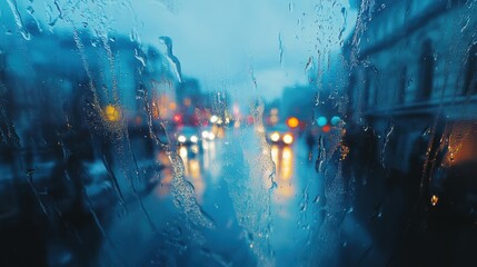 Aufkleber - Raindrops cling to a window, providing a blurred view of a quiet street with reflections of colorful lights in the rain. Generative AI