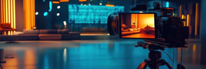 Poster - A person is filmed conducting an interview in a sleek television studio with a vibrant, blurred backdrop, emphasizing media technology. Generative AI