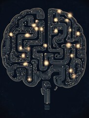 Aufkleber - The design showcases a labyrinthine structure within a human brain, symbolizing thought processes and neural pathways, set against a dark background. Generative AI