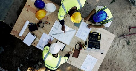 Poster - Top view, architect team and planning with blueprint for construction project, meeting and development. Civil engineer, group and people with design for building, discussion and collaboration at site