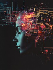 Aufkleber - A visually striking representation shows a brain integrating with AI elements featuring circuits, chips, and vibrant holograms, with space for text. Generative AI