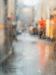 Aufkleber - Raindrops bead on a window, providing a blurred view of a quiet street below, creating a reflective atmosphere perfect for text. Generative AI