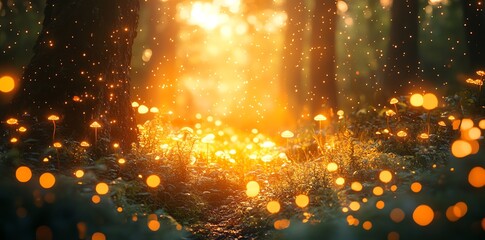 Wall Mural - a serene forest scene illuminated by warm sunlight, with glowing particles and flowers.
