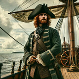 A person dressed in elaborate 18th-century pirate attire stands on the deck of a wooden ship