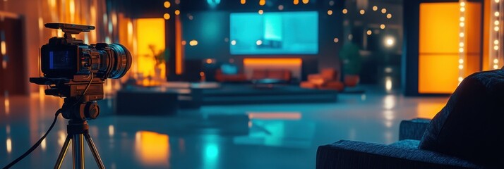 Leinwandbilder - Recording an engaging interview in a contemporary television studio showcasing advanced media technologies, emphasizing the creative environment. Generative AI