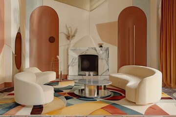 Wall Mural - bold art deco living room interior design featuring a geometric rug, curved furniture with metallic 