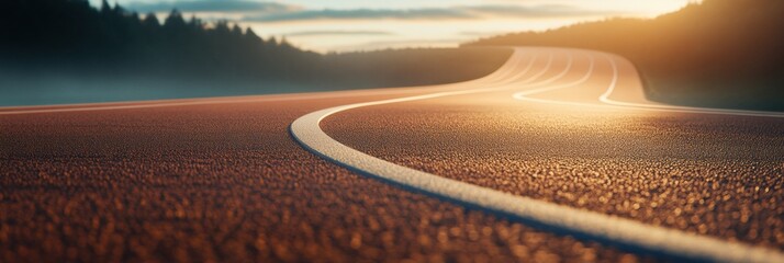 Aufkleber - A curved running track stretches into the horizon, creating a serene atmosphere as sunset colors the sky, perfect for inspirational quotes. Generative AI