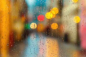Leinwandbilder - Raindrops cling to a window while offering a view of a deserted street, enhanced by colorful lights and a calming ambiance. Generative AI