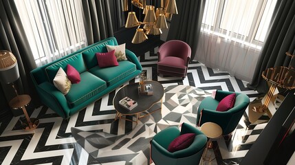 Wall Mural - refined art deco living room with black and white chevron flooring, gold light fixtures, and jewel-t