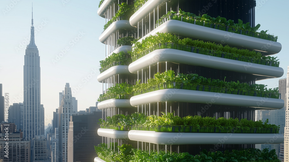 A futuristic vision of a vertical farm skyscraper in a bustling city ...