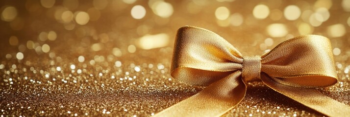 Leinwandbilder - An elegant golden ribbon bow rests on a shimmering surface, enhancing the festive atmosphere perfect for New Year’s celebrations and designs. Generative AI